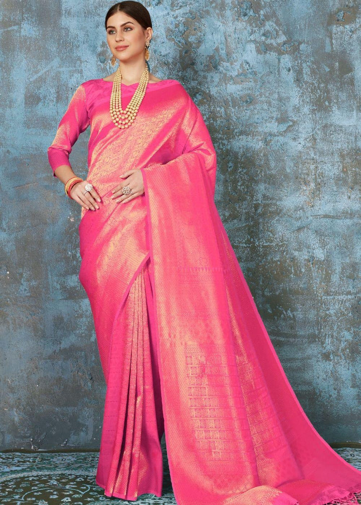 Hot Pink Handloom Weave Kanjivaram Silk Saree: Special Wedding Edition | Stitched Blouse - qivii