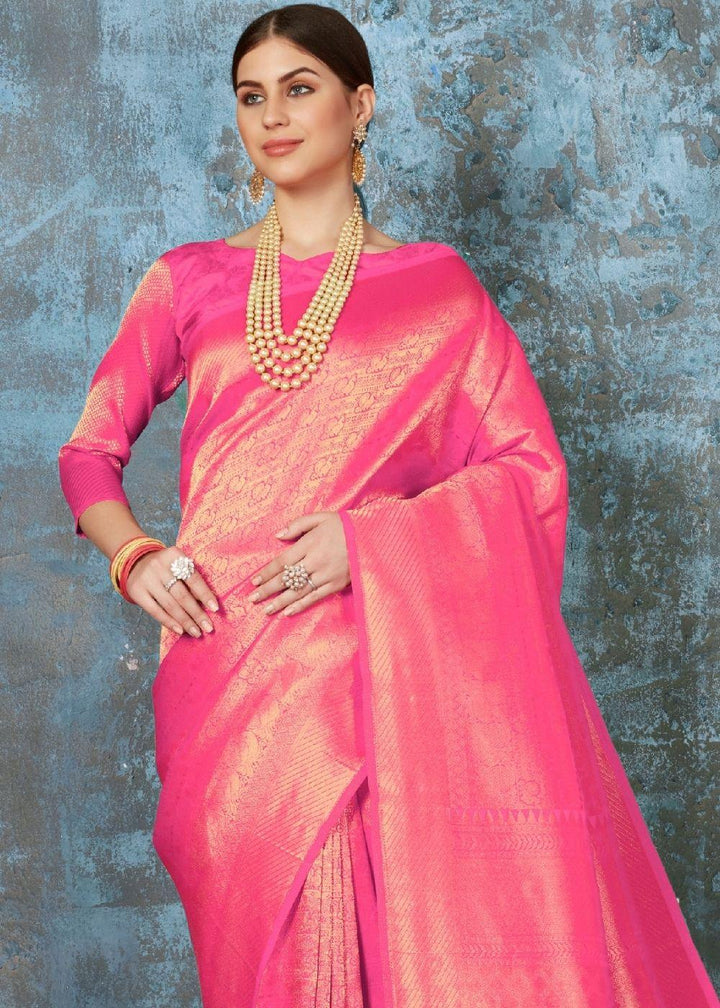 Hot Pink Handloom Weave Kanjivaram Silk Saree: Special Wedding Edition | Stitched Blouse - qivii