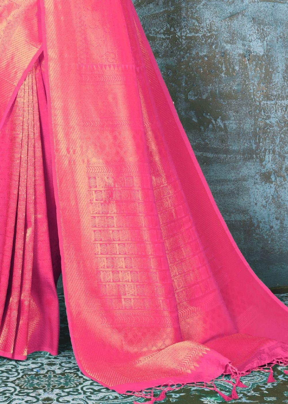 Hot Pink Handloom Weave Kanjivaram Silk Saree: Special Wedding Edition | Stitched Blouse - qivii