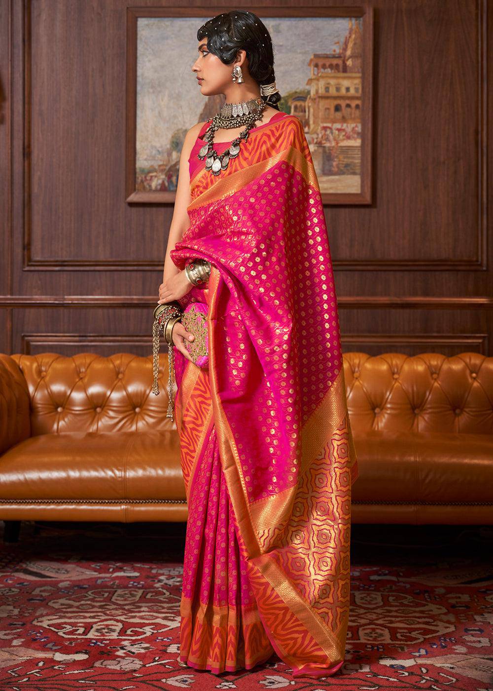 Hot Pink Handloom Woven Banarasi Silk Saree | Stitched Blouse - qivii