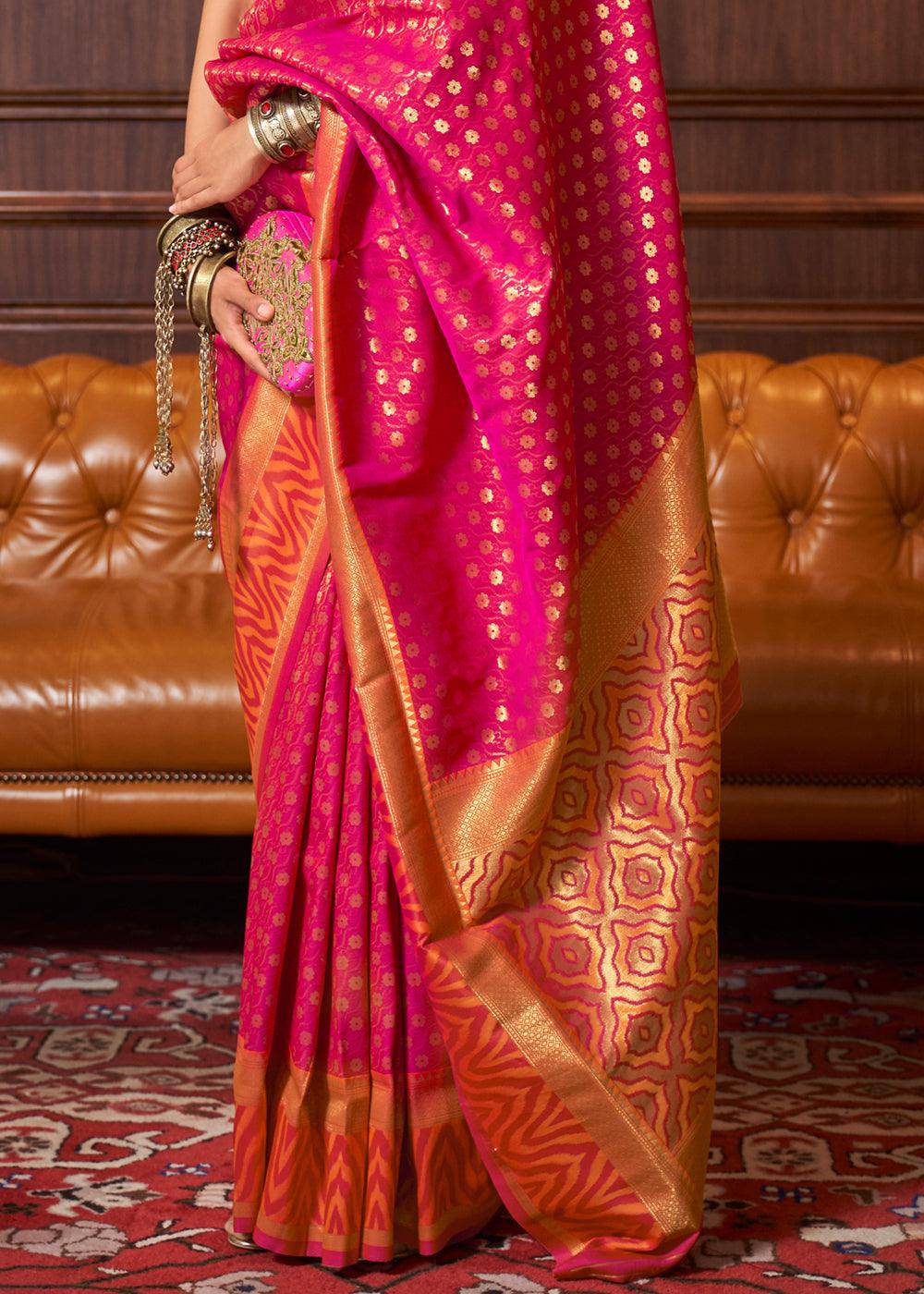 Hot Pink Handloom Woven Banarasi Silk Saree | Stitched Blouse - qivii