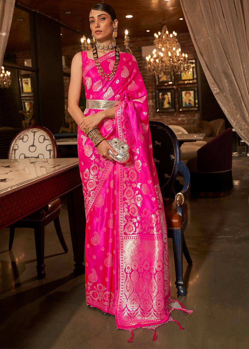 Hot Pink Handloom Woven Satin Silk Saree | Stitched Blouse - qivii