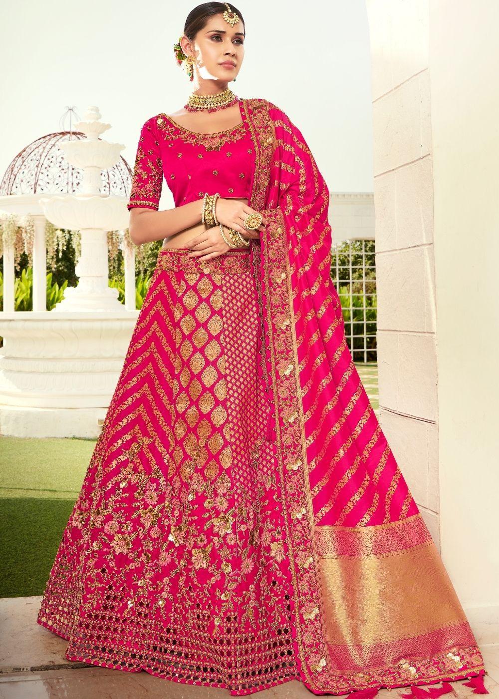 Hot Pink Heavy Embroidered Banarasi Silk Lehenga Choli - qivii