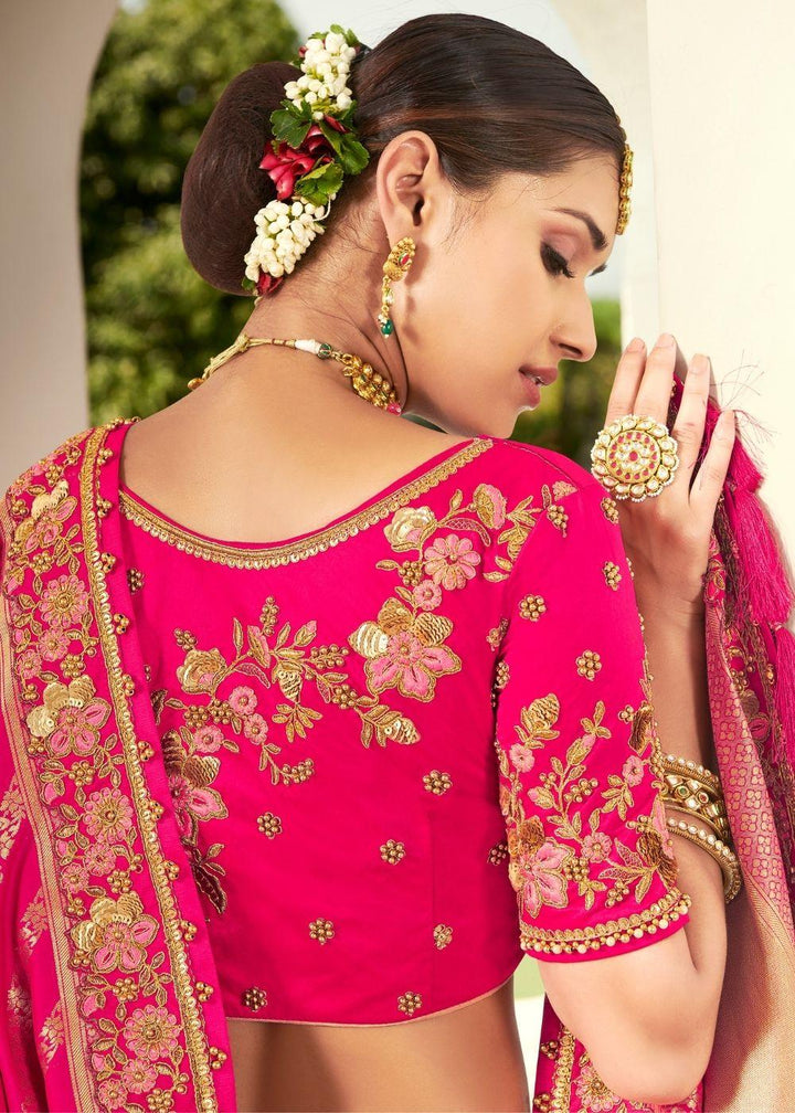 Hot Pink Heavy Embroidered Banarasi Silk Lehenga Choli - qivii