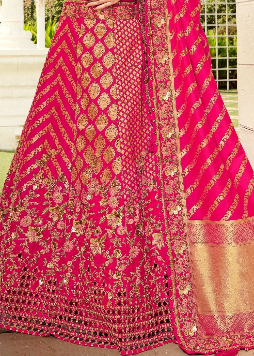 Hot Pink Heavy Embroidered Banarasi Silk Lehenga Choli - qivii