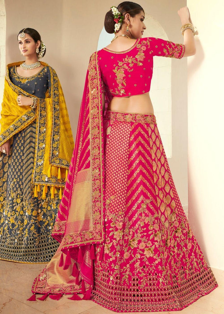 Hot Pink Heavy Embroidered Banarasi Silk Lehenga Choli - qivii