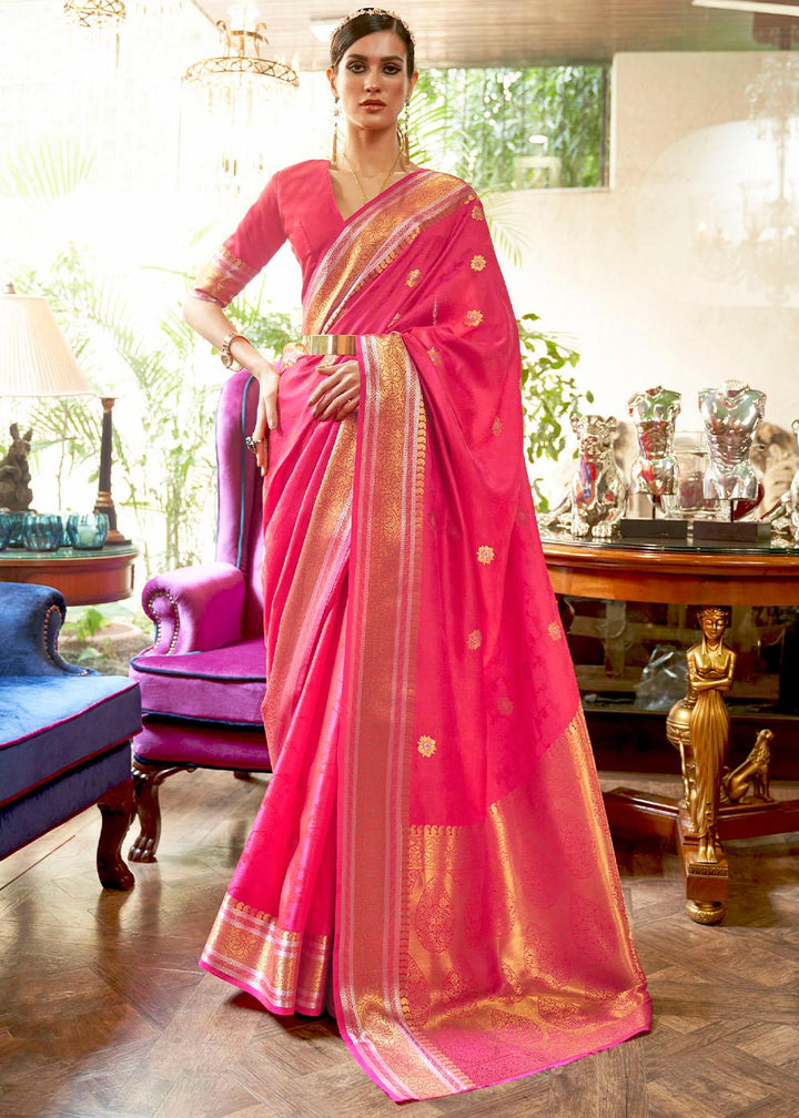 Hot Pink Kanjivaram Silk Saree Woven with Silver & Golden Zari | Stitched Blouse - qivii