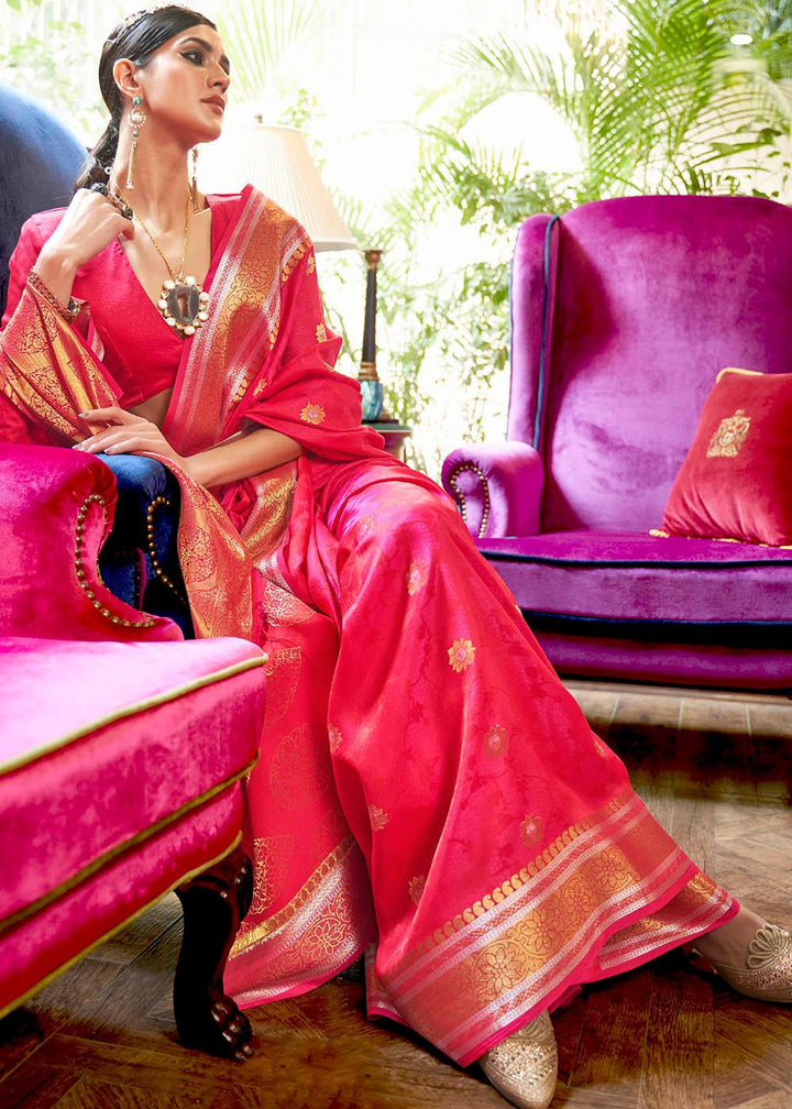 Hot Pink Kanjivaram Silk Saree Woven with Silver & Golden Zari | Stitched Blouse - qivii