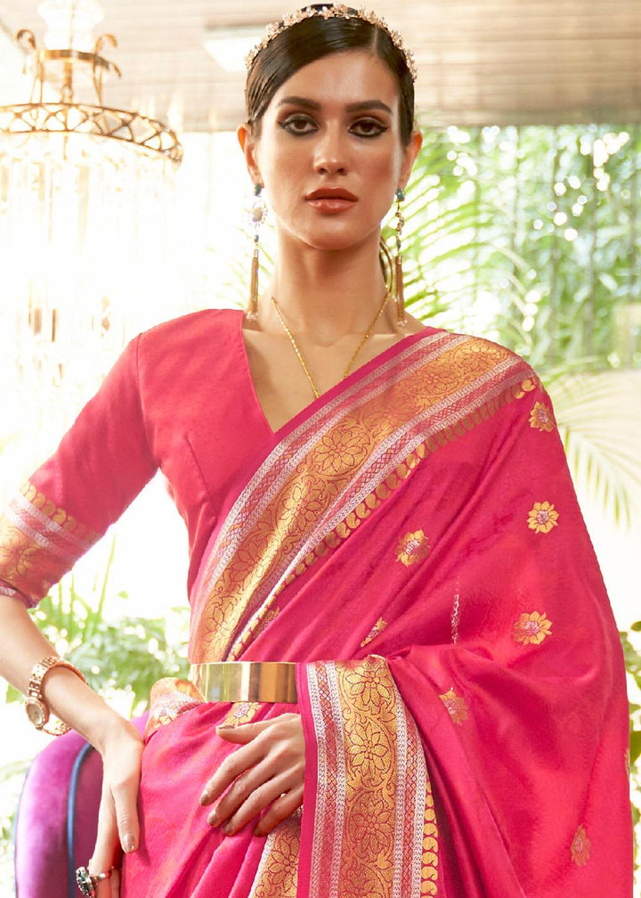 Hot Pink Kanjivaram Silk Saree Woven with Silver & Golden Zari | Stitched Blouse - qivii