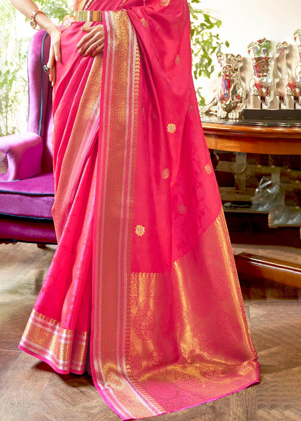 Hot Pink Kanjivaram Silk Saree Woven with Silver & Golden Zari | Stitched Blouse - qivii