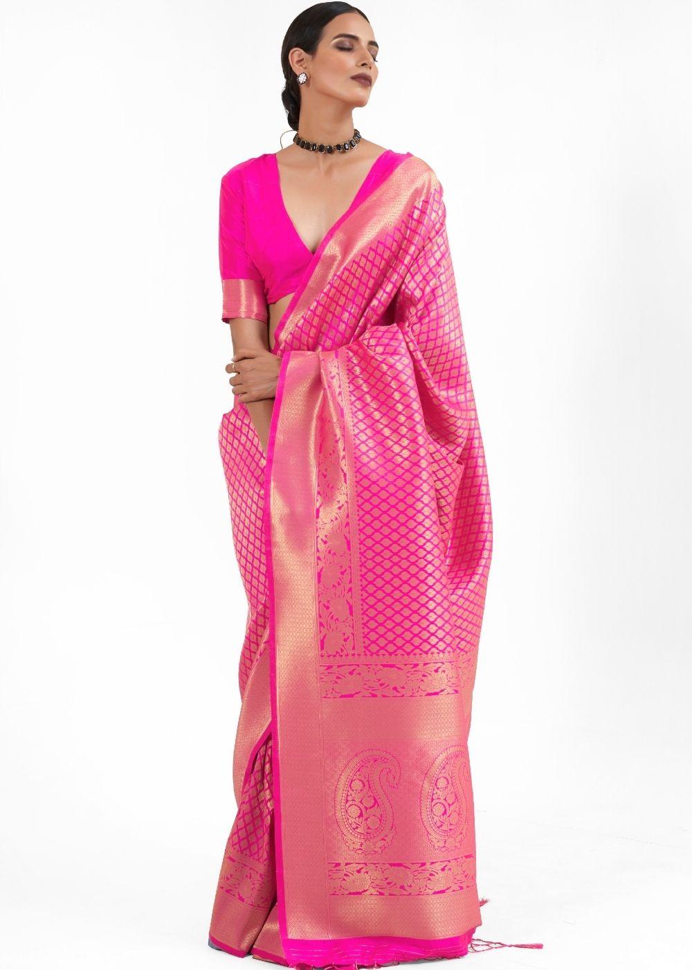 Hot Pink Kanjivaram Soft Woven Silk Saree | Stitched Blouse - qivii