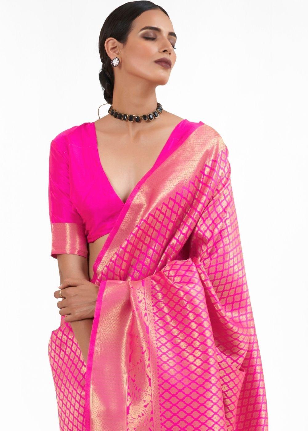 Hot Pink Kanjivaram Soft Woven Silk Saree | Stitched Blouse - qivii