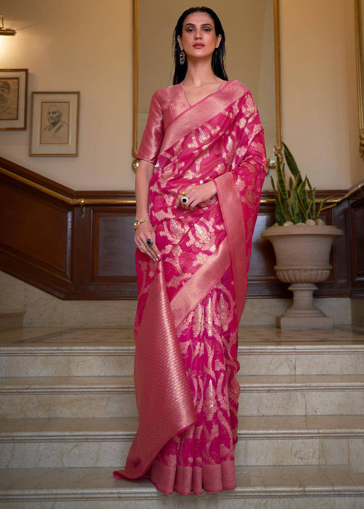 Hot Pink Two Tone Handloom Woven Organza Silk Saree | Stitched Blouse - qivii