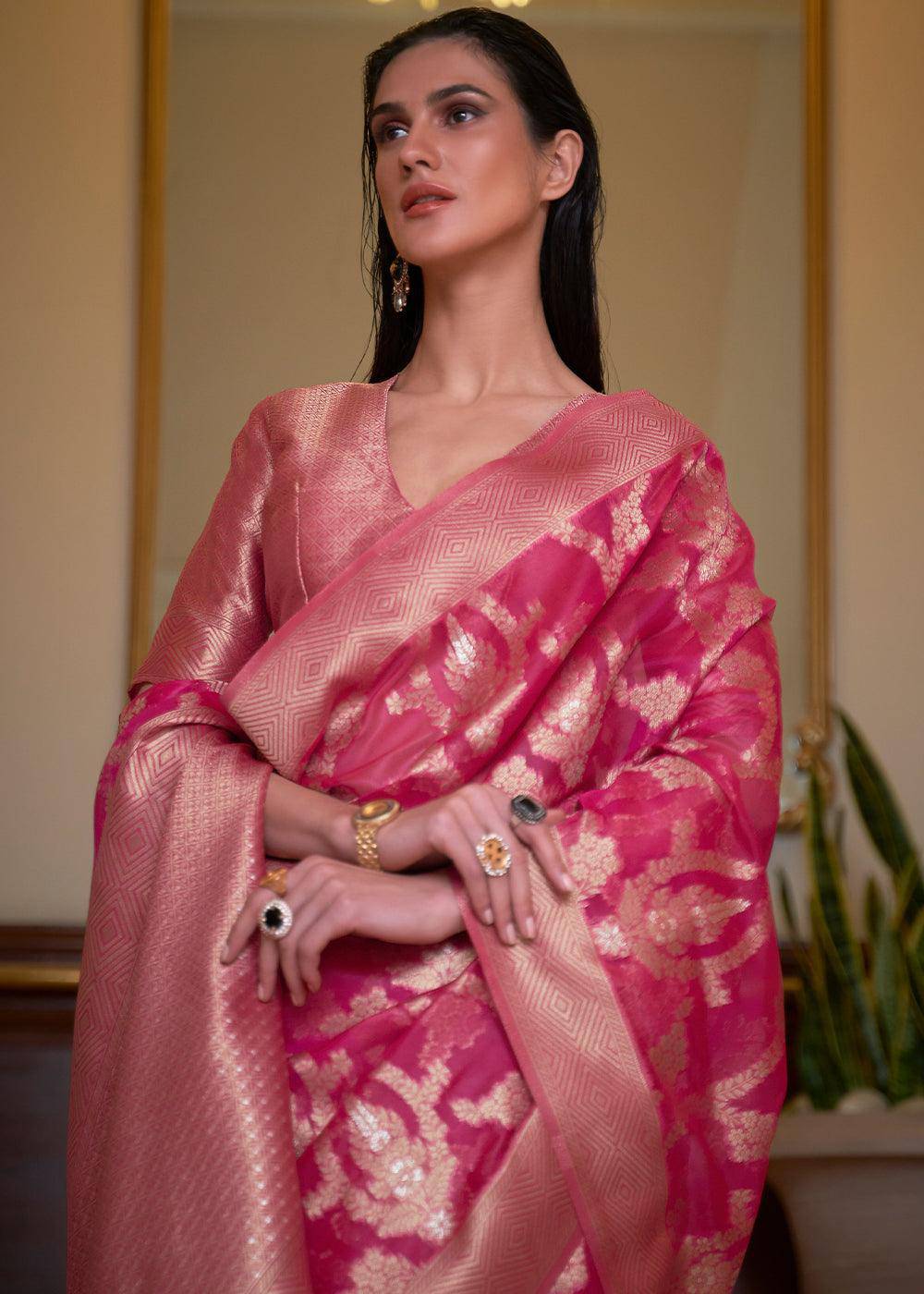 Hot Pink Two Tone Handloom Woven Organza Silk Saree | Stitched Blouse - qivii