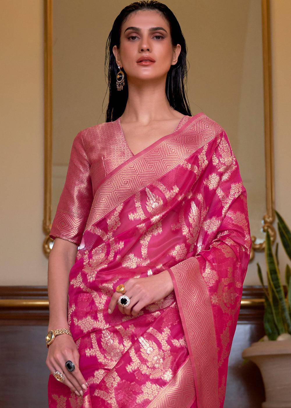 Hot Pink Two Tone Handloom Woven Organza Silk Saree | Stitched Blouse - qivii