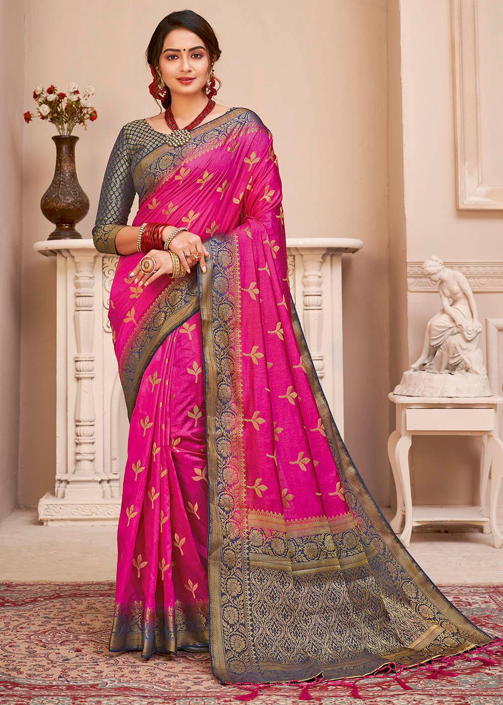 Hot Pink Woven Banarasi Silk Saree with Overall Butti work | Stitched Blouse - qivii