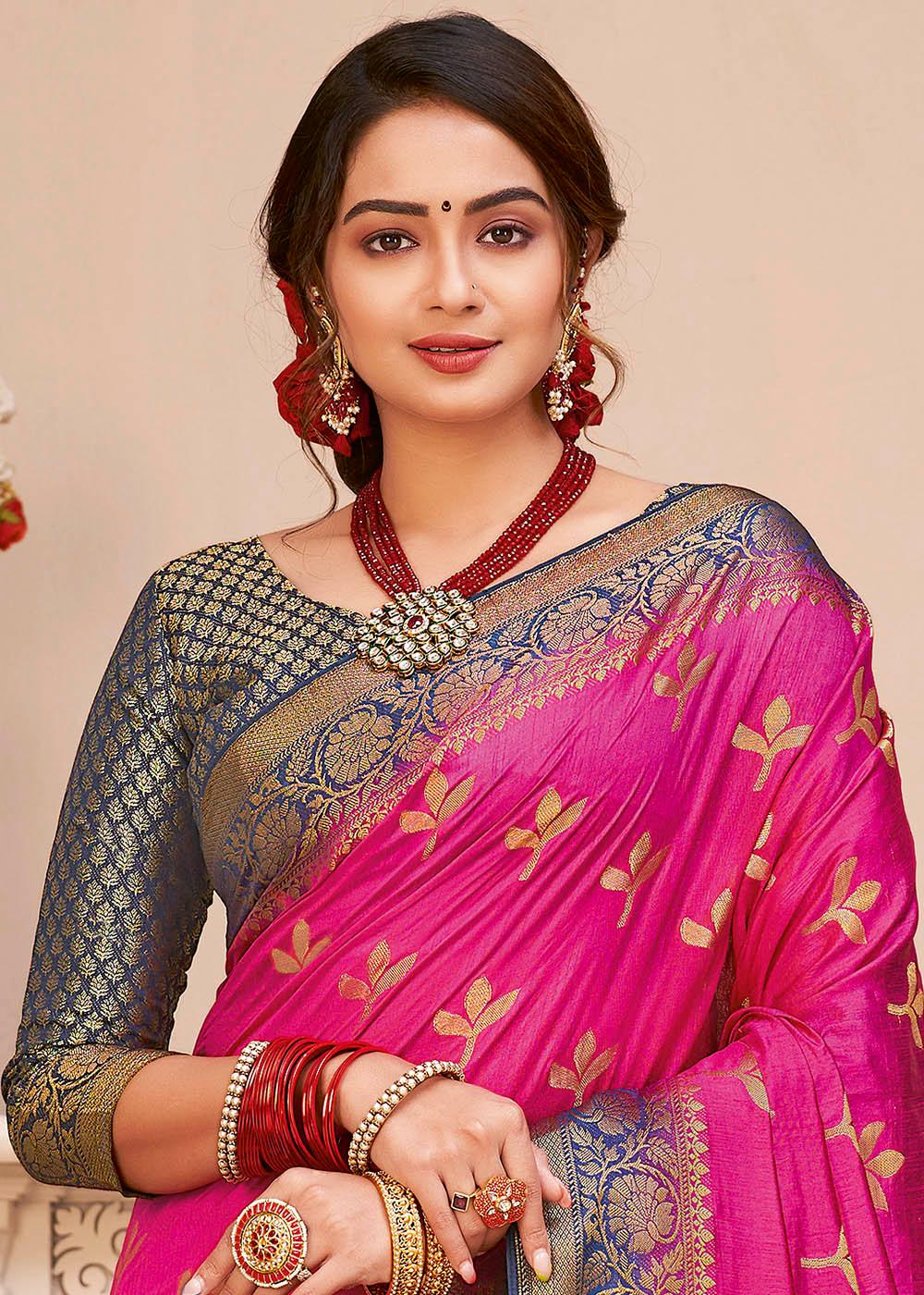 Hot Pink Woven Banarasi Silk Saree with Overall Butti work | Stitched Blouse - qivii