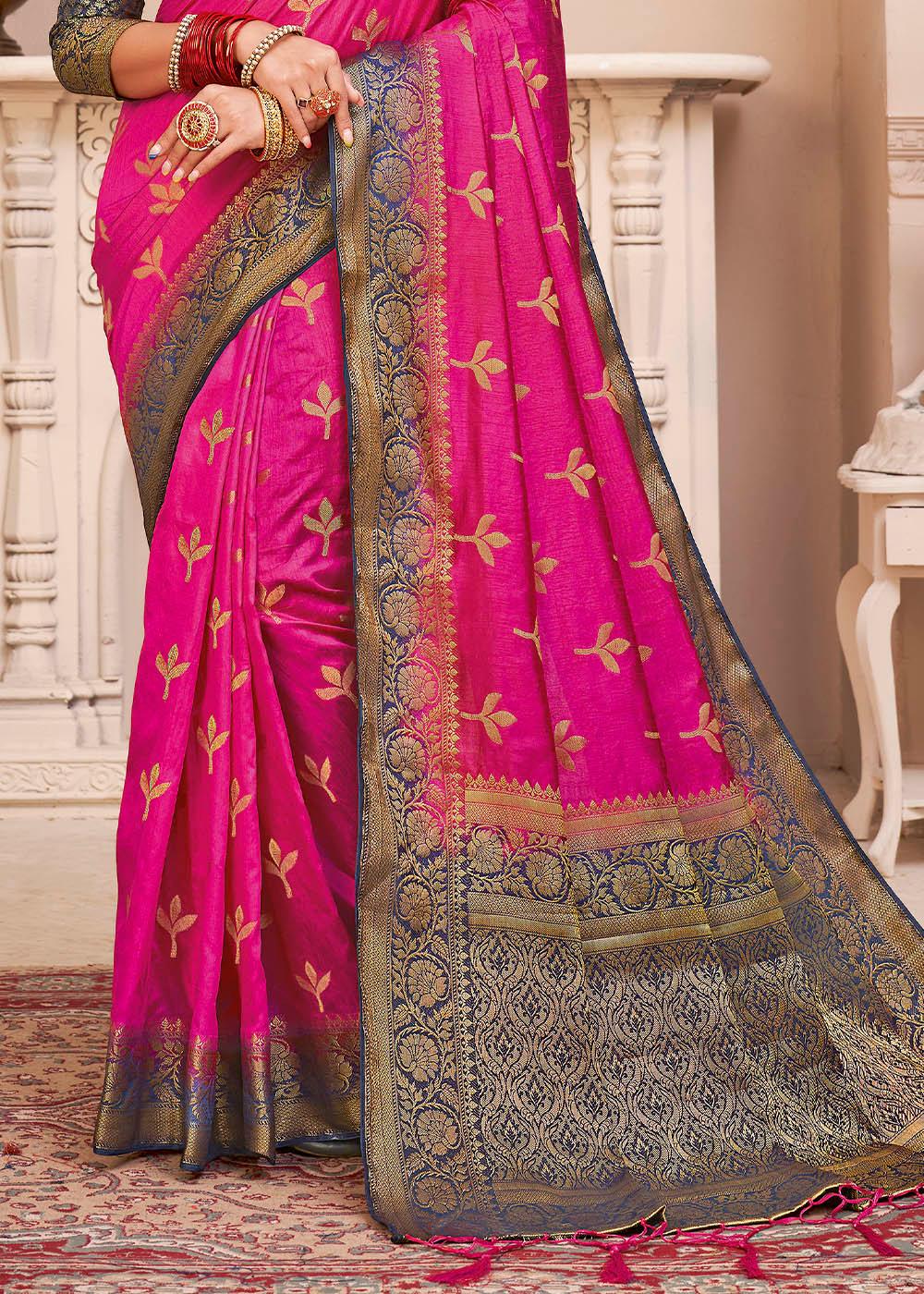 Hot Pink Woven Banarasi Silk Saree with Overall Butti work | Stitched Blouse - qivii