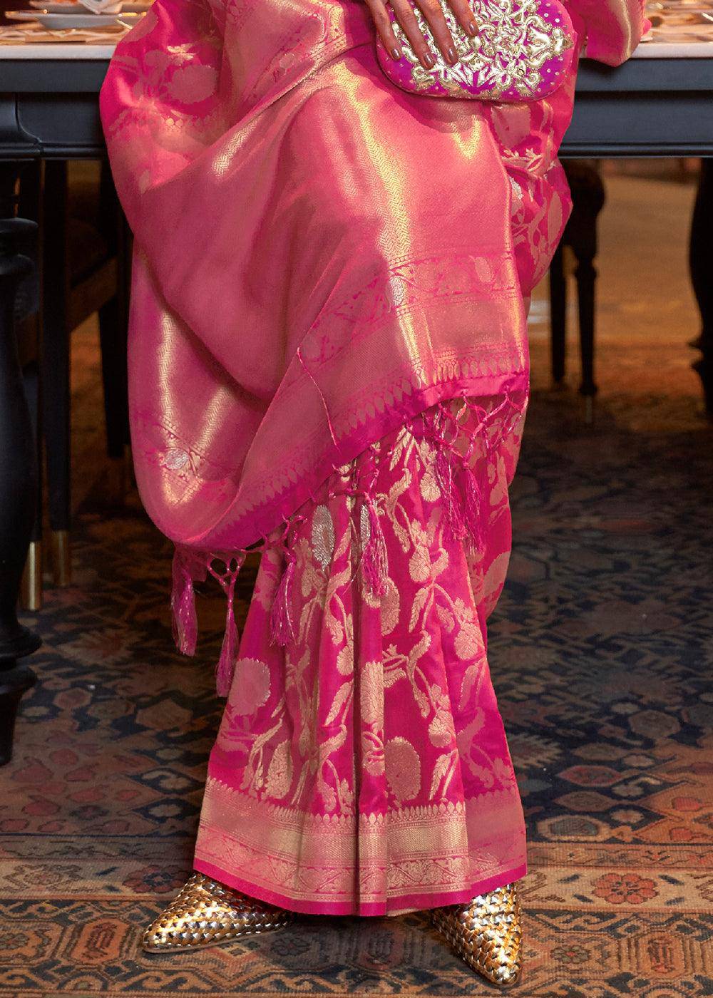 Hot Pink Woven Banarasi Silk Saree with Tassels on Pallu | Stitched Blouse - qivii