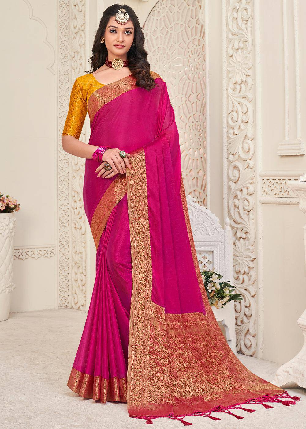 Hot Pink Woven Chinon Silk Saree | Stitched Blouse - qivii