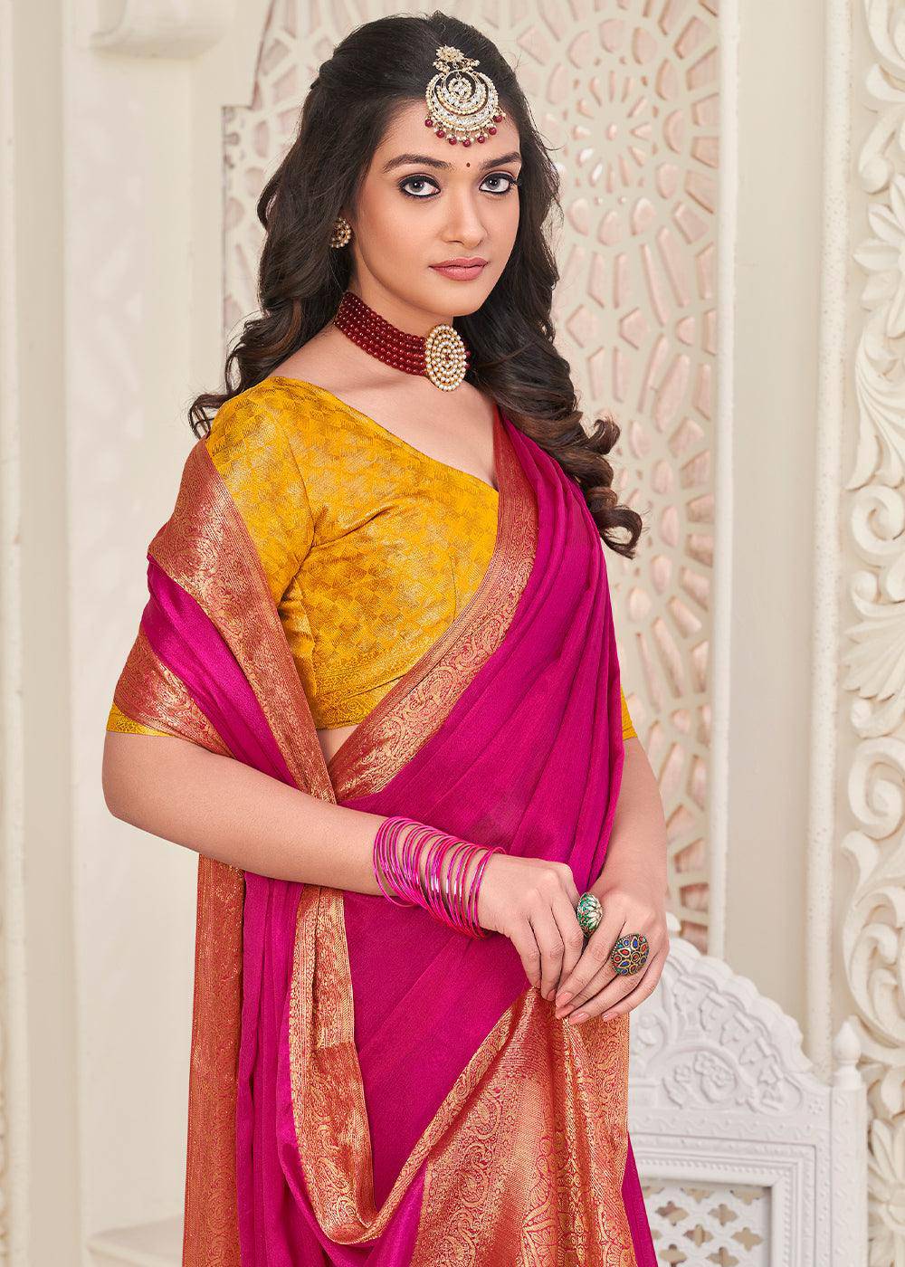 Hot Pink Woven Chinon Silk Saree | Stitched Blouse - qivii