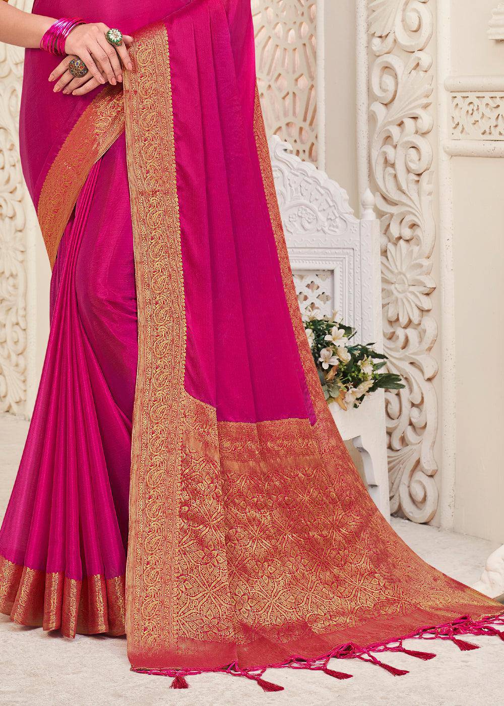 Hot Pink Woven Chinon Silk Saree | Stitched Blouse - qivii