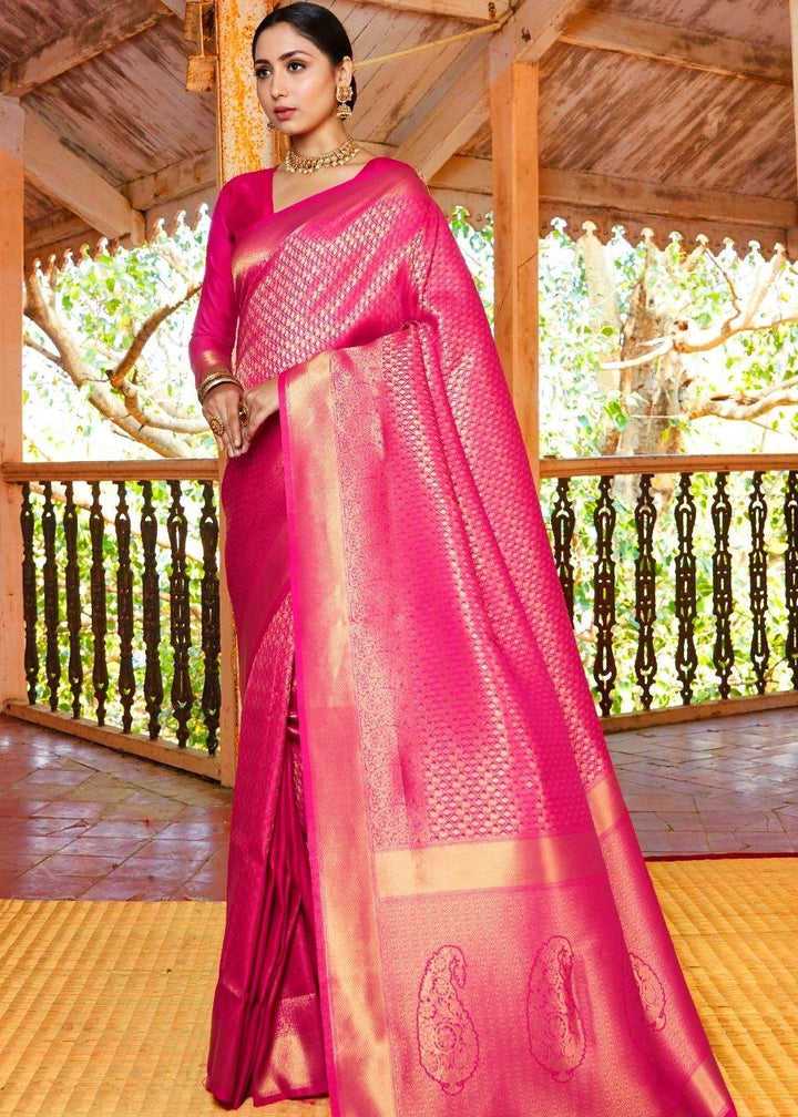 Hot Pink Woven Kanjivaram Saree:Limited Edition | Stitched Blouse - qivii