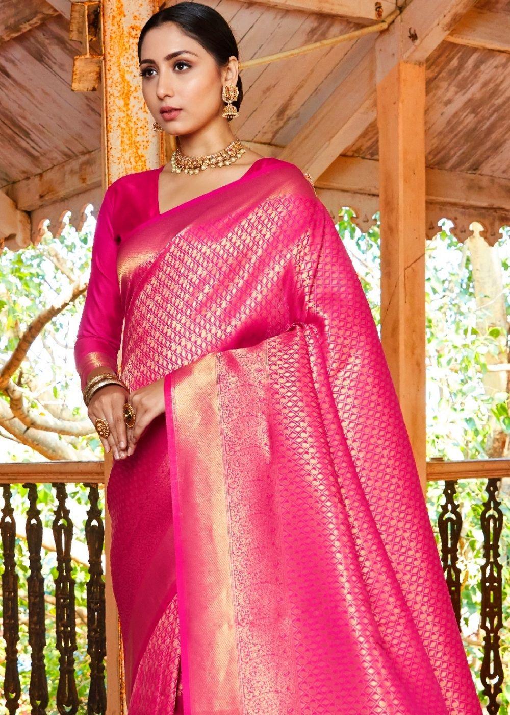 Hot Pink Woven Kanjivaram Saree:Limited Edition | Stitched Blouse - qivii