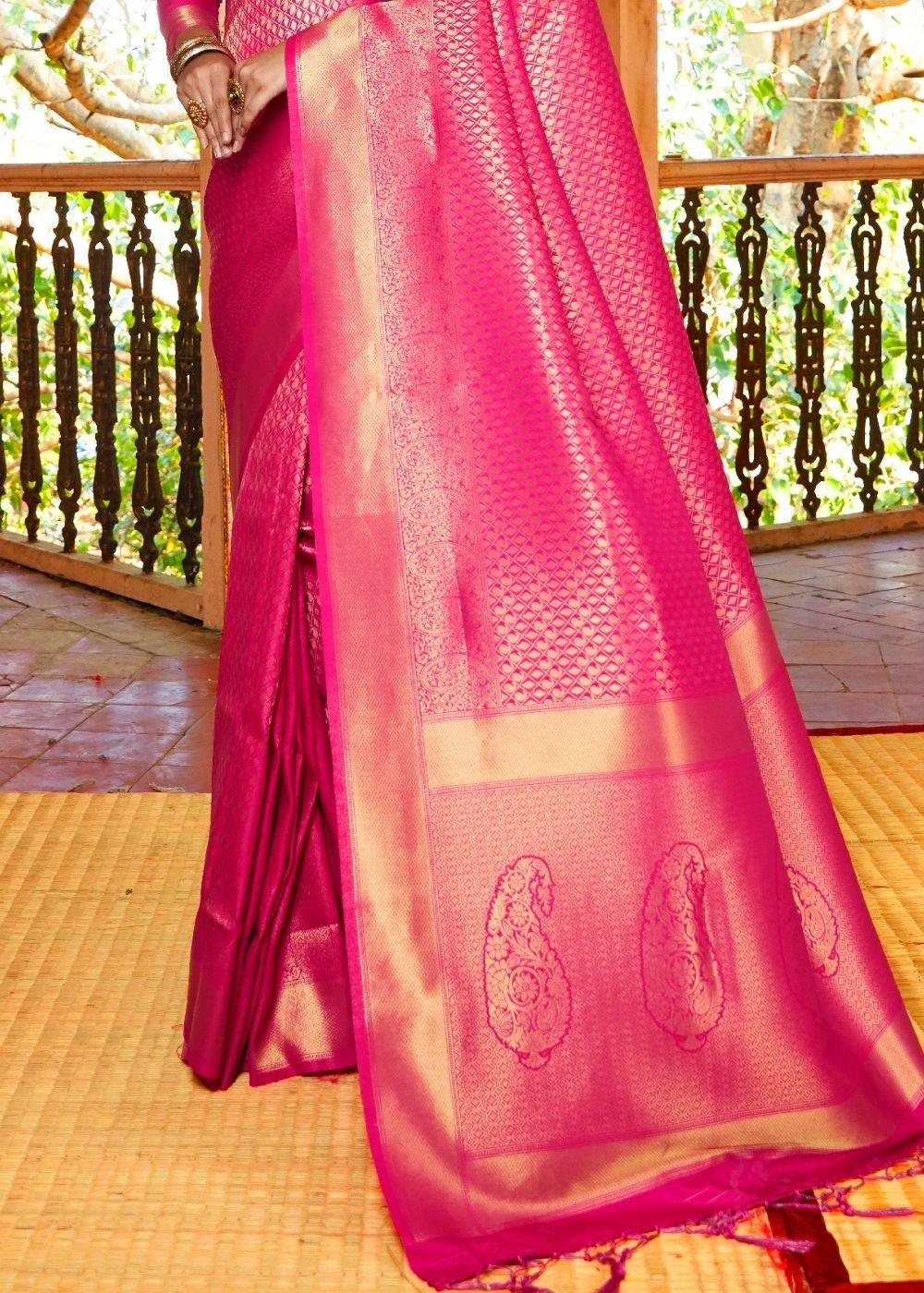 Hot Pink Woven Kanjivaram Saree:Limited Edition | Stitched Blouse - qivii