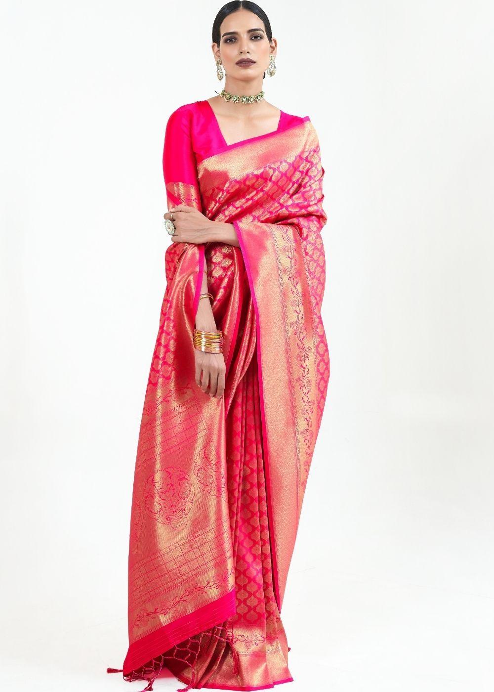 Hot Pink Woven Kanjivaram Silk Saree : Limited Edition | Stitched Blouse - qivii