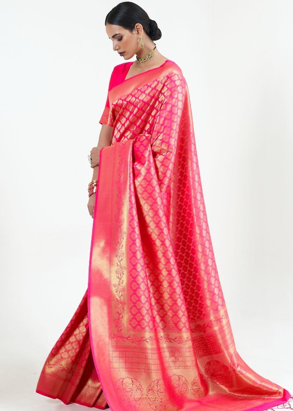 Hot Pink Woven Kanjivaram Silk Saree : Limited Edition | Stitched Blouse - qivii