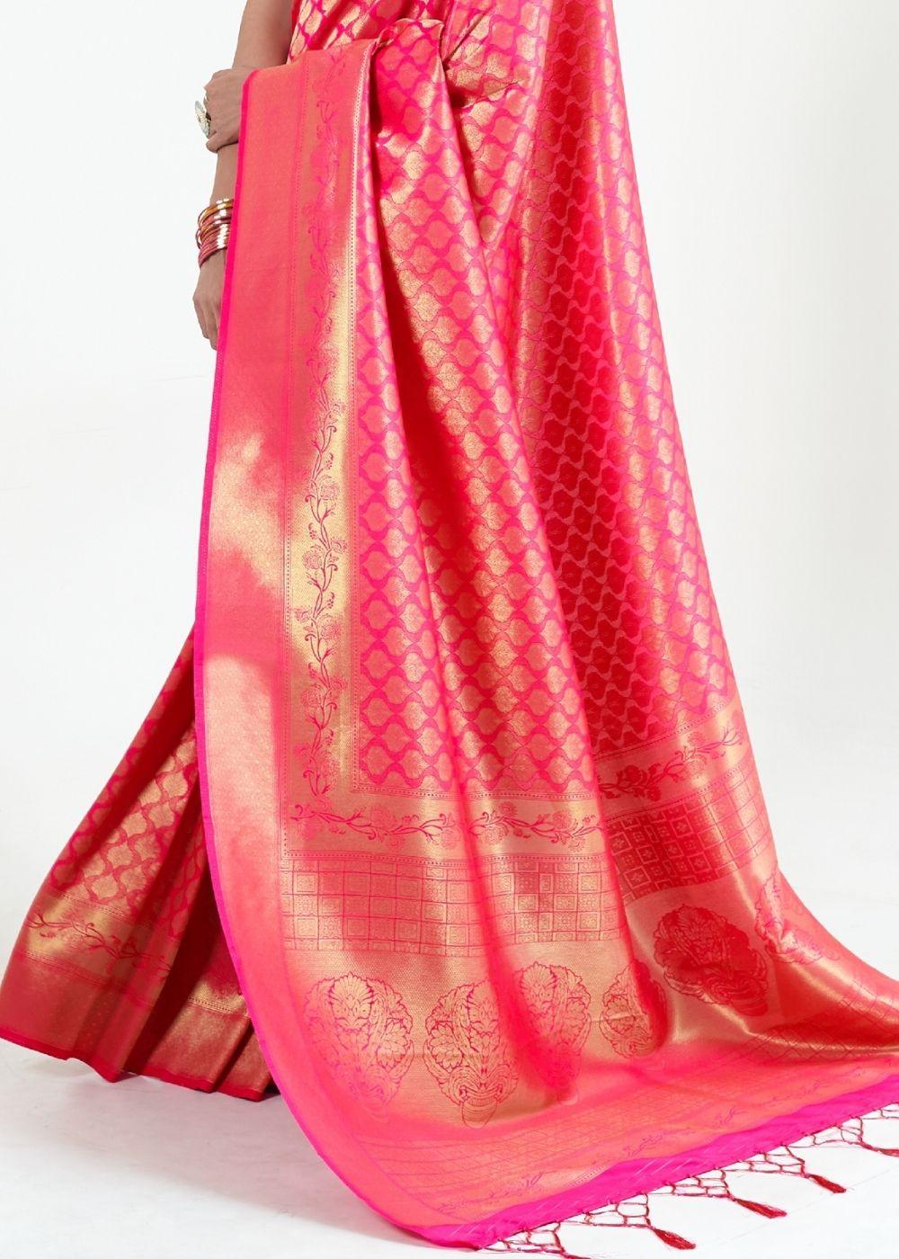 Hot Pink Woven Kanjivaram Silk Saree : Limited Edition | Stitched Blouse - qivii