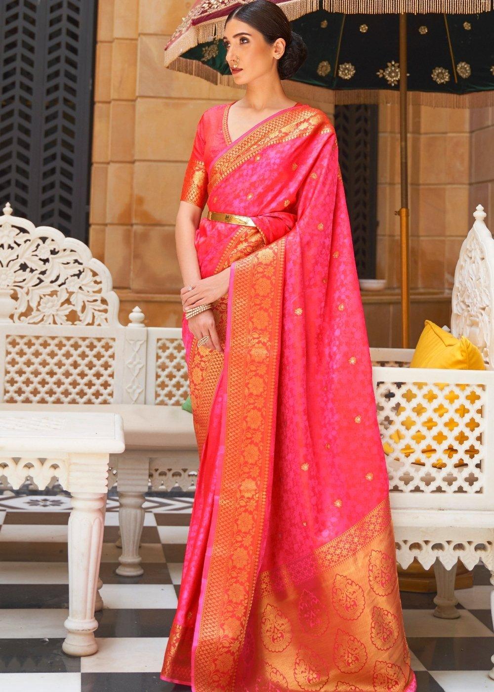 Hot Pink Woven Kanjivaram Silk Saree : Top Pick | Stitched Blouse - qivii