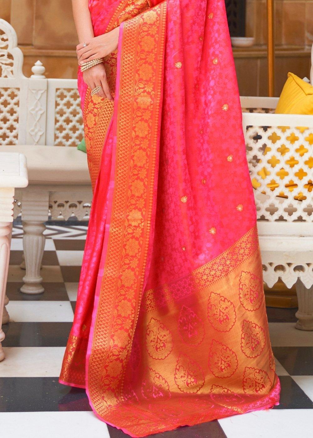 Hot Pink Woven Kanjivaram Silk Saree : Top Pick | Stitched Blouse - qivii