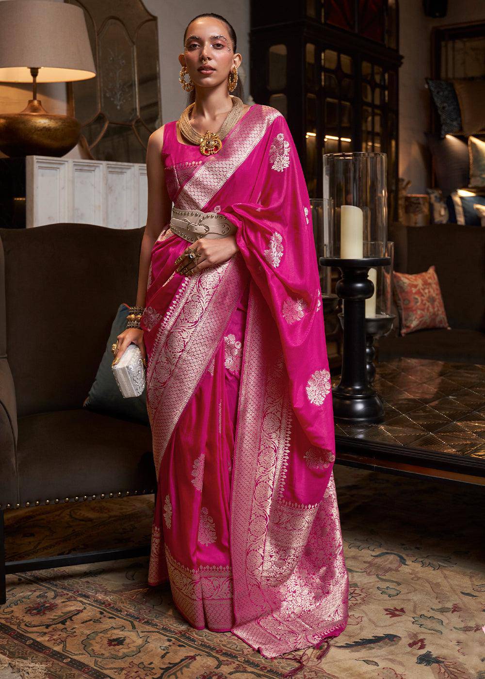 Hot Pink Woven Khaddi Georgette Silk Saree | Stitched Blouse - qivii