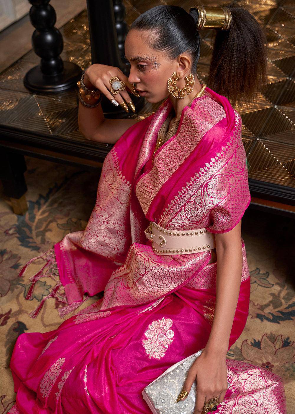 Hot Pink Woven Khaddi Georgette Silk Saree | Stitched Blouse - qivii