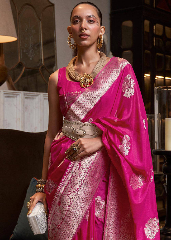 Hot Pink Woven Khaddi Georgette Silk Saree | Stitched Blouse - qivii