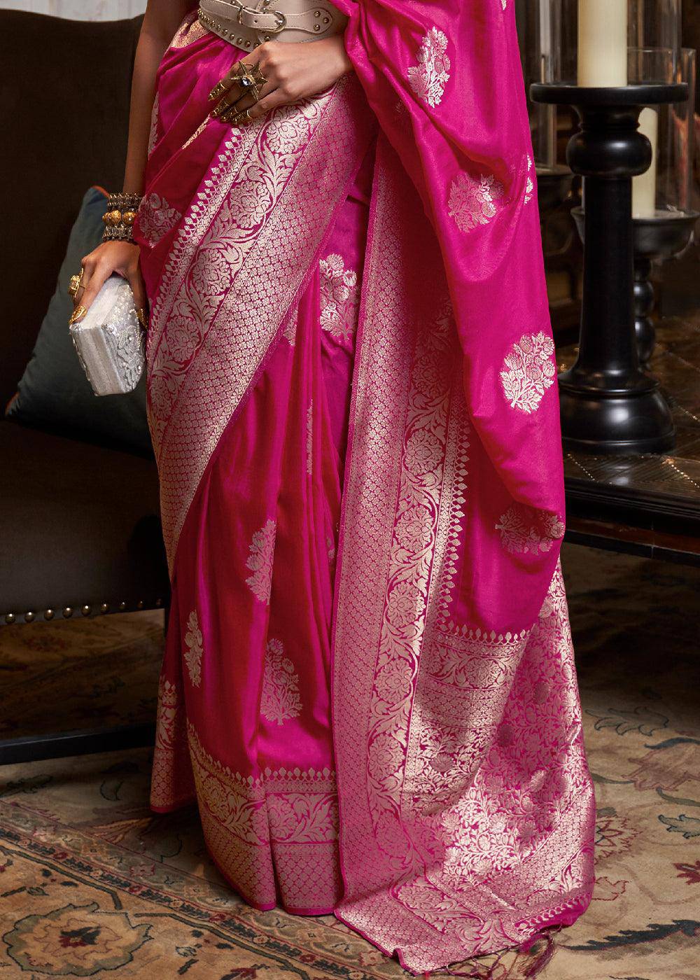 Hot Pink Woven Khaddi Georgette Silk Saree | Stitched Blouse - qivii