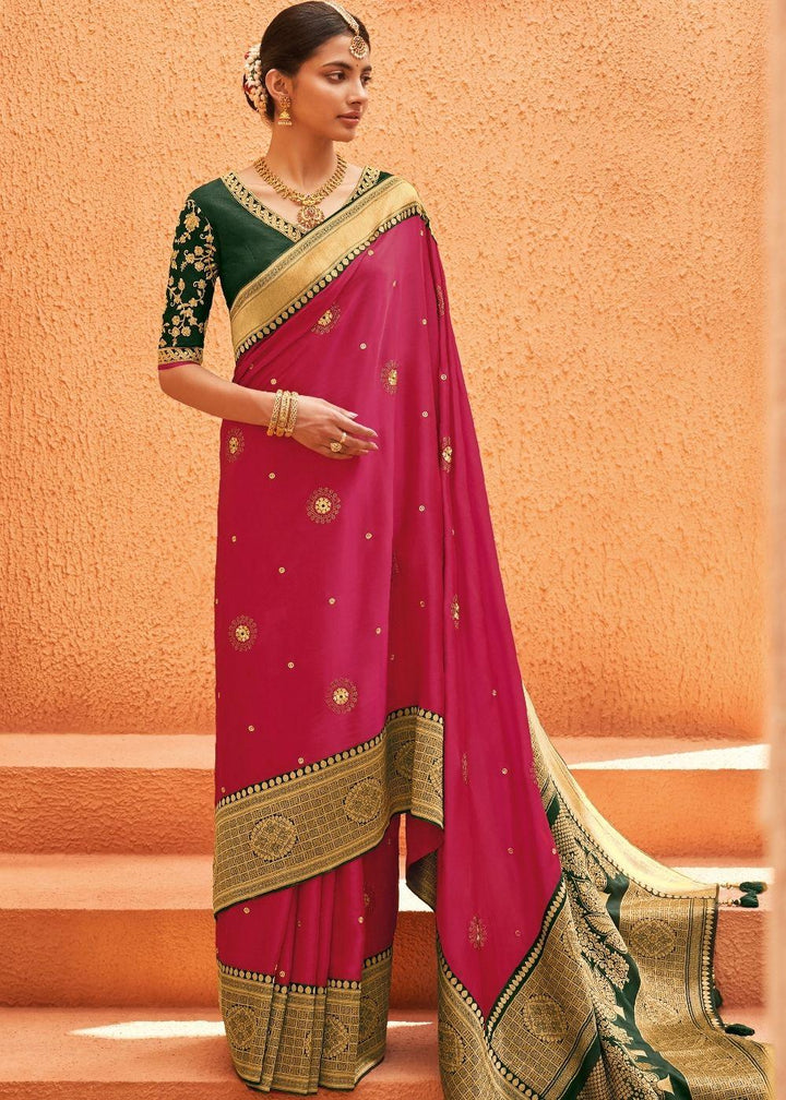 Hot Pink Woven Paithani Saree | Stitched Blouse - qivii