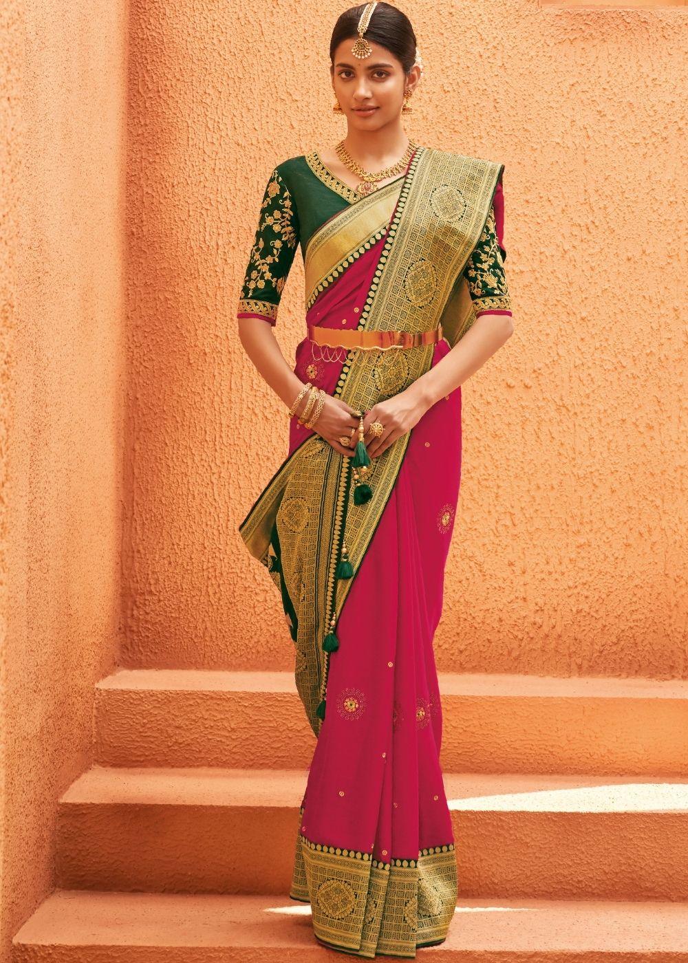 Hot Pink Woven Paithani Saree | Stitched Blouse - qivii