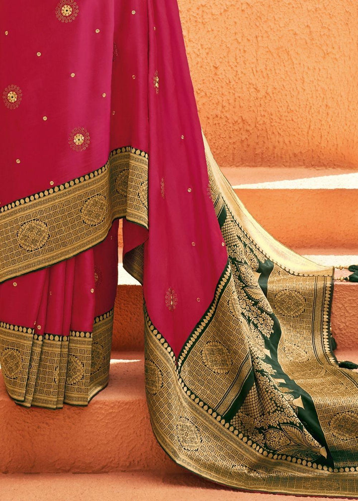 Hot Pink Woven Paithani Saree | Stitched Blouse - qivii