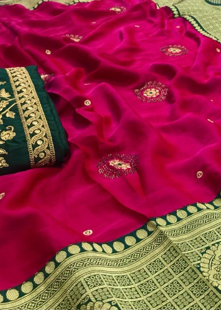 Hot Pink Woven Paithani Saree | Stitched Blouse - qivii