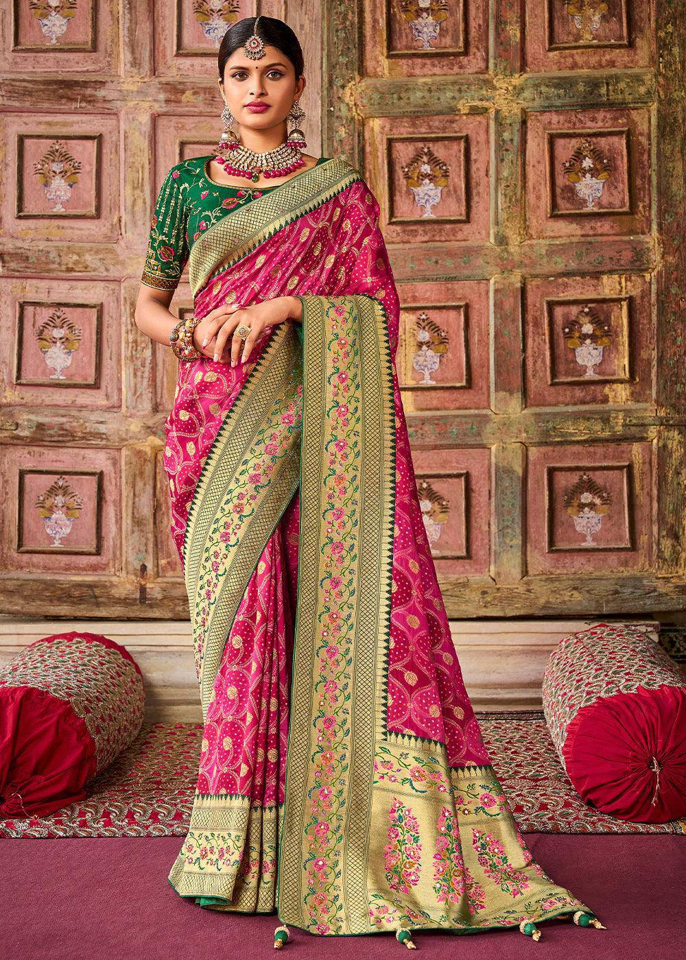 Hot Pink Woven Patola Printed Dola Silk Saree with Heavy Embroidered Blouse | Stitched Blouse - qivii