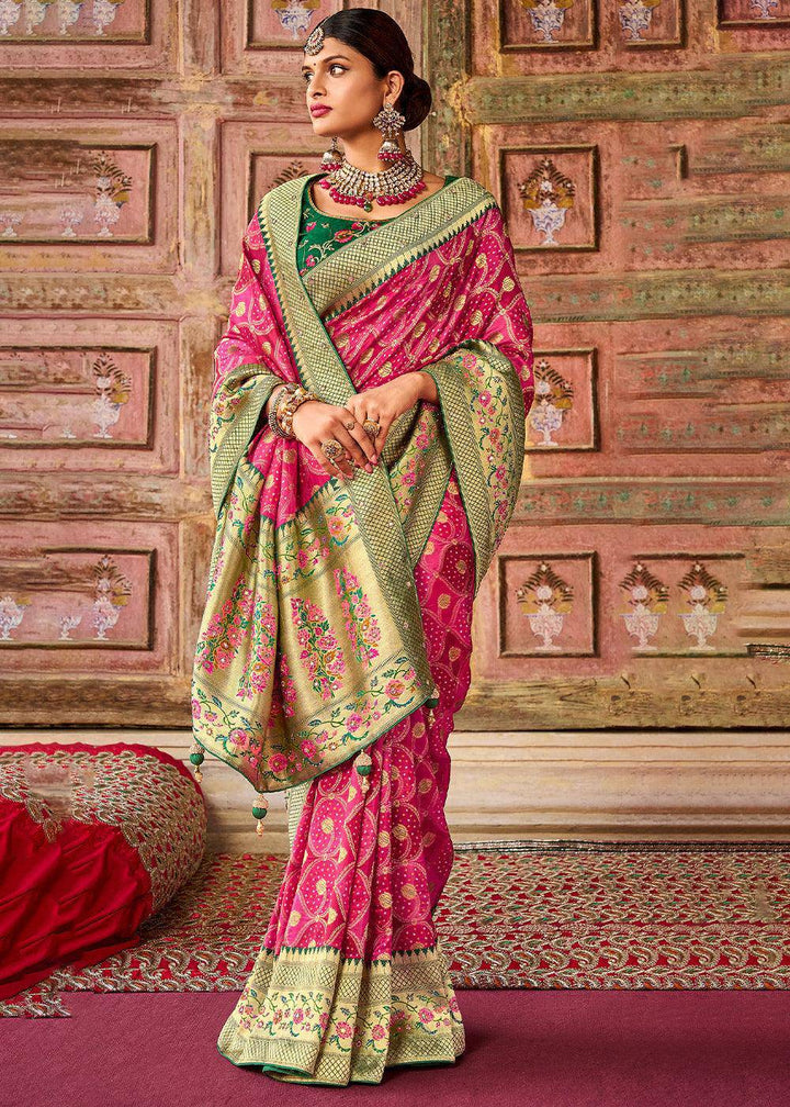 Hot Pink Woven Patola Printed Dola Silk Saree with Heavy Embroidered Blouse | Stitched Blouse - qivii