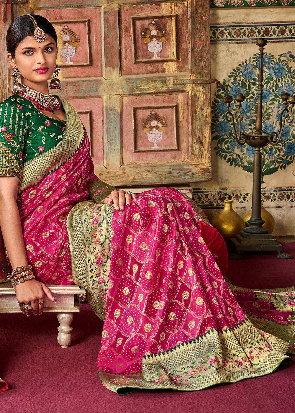 Hot Pink Woven Patola Printed Dola Silk Saree with Heavy Embroidered Blouse | Stitched Blouse - qivii