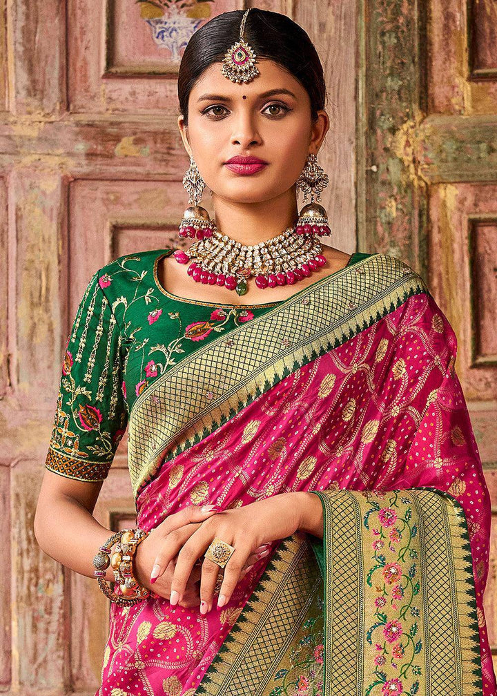 Hot Pink Woven Patola Printed Dola Silk Saree with Heavy Embroidered Blouse | Stitched Blouse - qivii