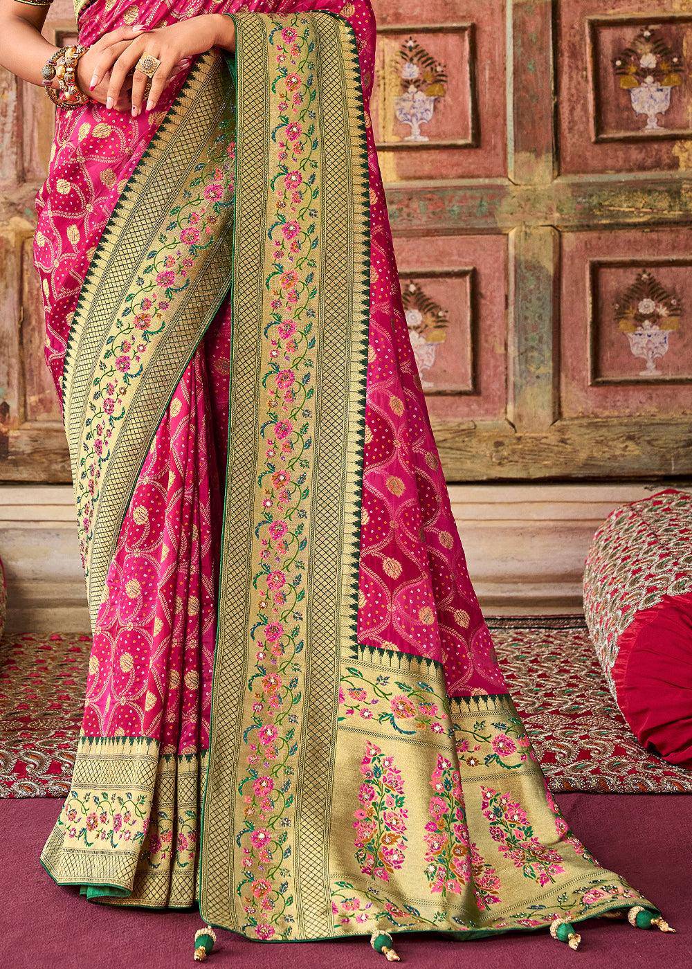 Hot Pink Woven Patola Printed Dola Silk Saree with Heavy Embroidered Blouse | Stitched Blouse - qivii