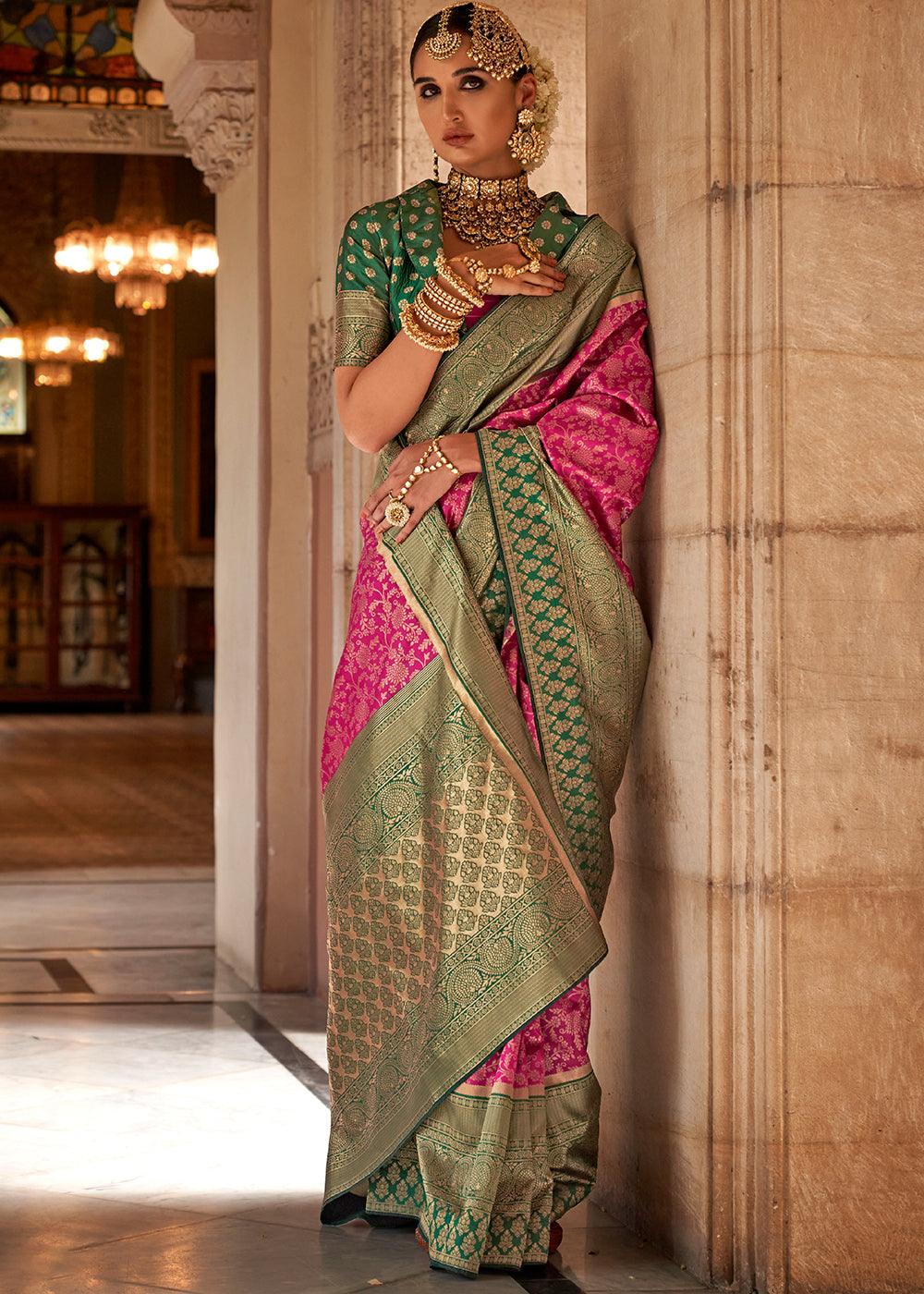 Hot Pink Zari Woven Banarasi Silk Saree | Stitched Blouse - qivii