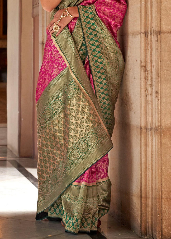 Hot Pink Zari Woven Banarasi Silk Saree | Stitched Blouse - qivii