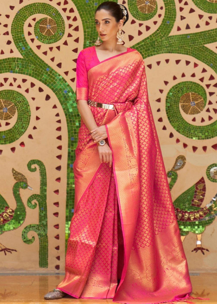 Hot Pink Zari Woven Kanjivaram Silk Saree | Stitched Blouse - qivii